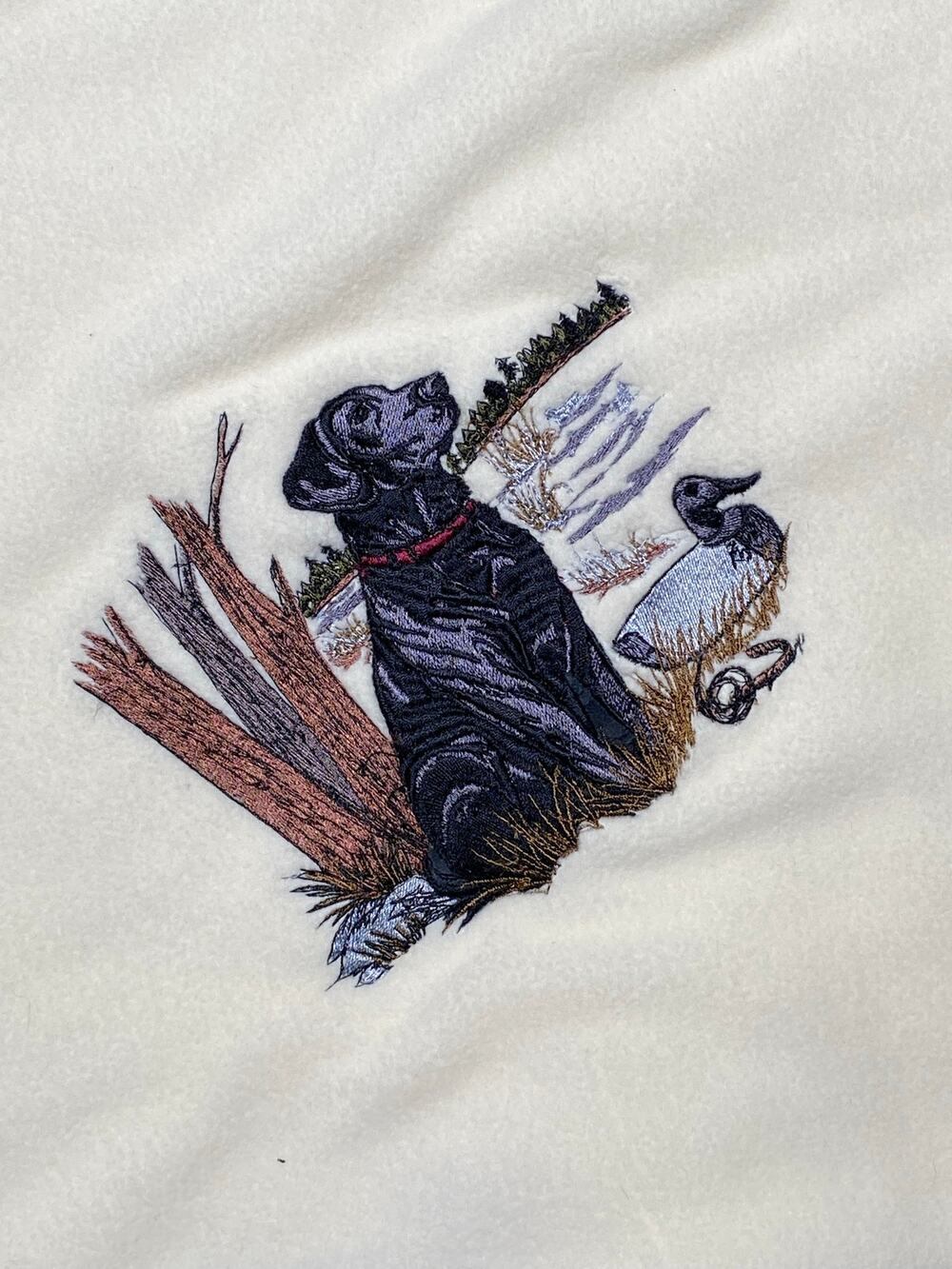 New Embroidered Black Lab Hunting Scene Throw Blanket, Lord Daniel Sports Wear